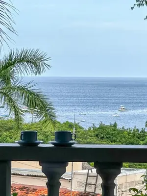 two coffee cups sitting on a balcony looking at the ocean at Apt 47 Hilltop Retreat Ocean Garden Views in Tamarindo