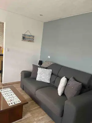 a living room with a gray couch and a table at Hidden House Casa Escondida in Santa Rosa