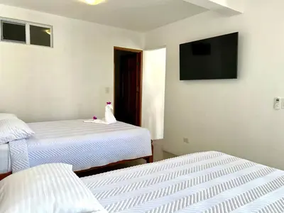a room with two beds with a cat sitting on top at Casa Blanca Manuel Antonio A1, Central, Pool, Gated in Manuel Antonio