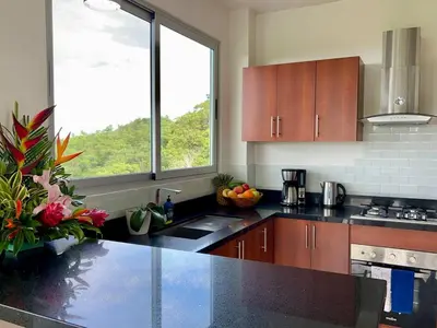 a kitchen with a counter top and a large window at Jaguar, 2 BR Penthouse in Villa Mar y Sol, Nature and Wildlife in Manuel Antonio