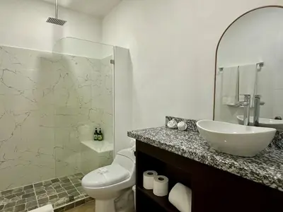 a bathroom with a sink and a toilet and a shower at Villa Lapas, Central, Spacious and Lots of Wildlife in Manuel Antonio