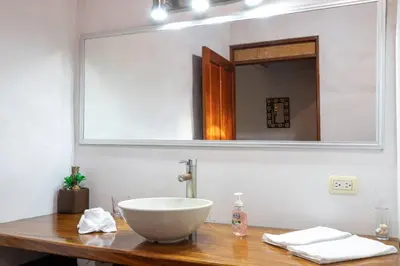 a bathroom with a bowl sink on a wooden counter at Villa Monos, 2BR Home, 1BR Guest House and Pool in Manuel Antonio