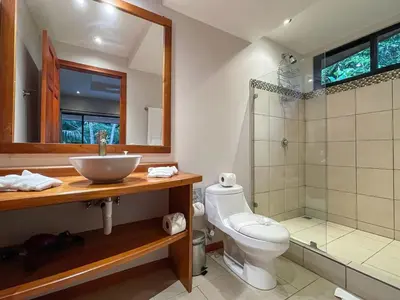 a bathroom with a sink and a toilet and a shower at Villa Monos, 2BR Home, 1BR Guest House and Pool in Manuel Antonio