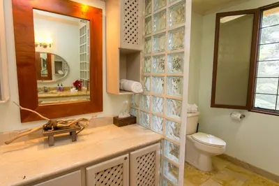 a bathroom with a sink and a toilet and a mirror at Villa Vigia, beach views, 3 acres of privacy and tons of wildlife in Manuel Antonio