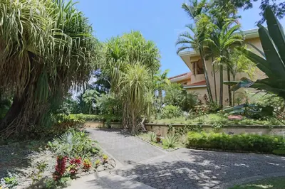 a garden with palm trees and a house at Villa Vigia, beach views, 3 acres of privacy and tons of wildlife in Manuel Antonio