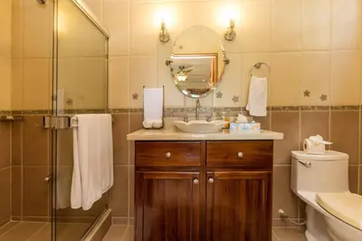 a bathroom with a sink and a toilet and a mirror at Casa Sophia A Cozy, Treetop, Sea View Gem in Quepos