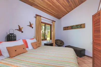 a bedroom with a large bed with birds on the wall at Alma Pacifica, Charming, secure and lots of wildlife in Manuel Antonio