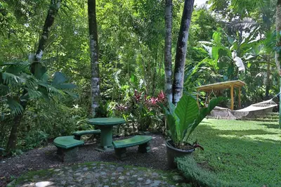 a garden with a picnic table and two benches at Alma Pacifica, Charming, secure and lots of wildlife in Manuel Antonio