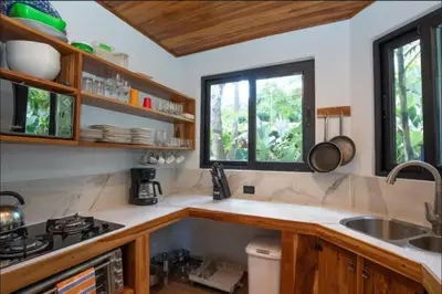 a kitchen with a sink and a stove and windows at Casa Pura Vida Manuel Antonio in Manuel Antonio