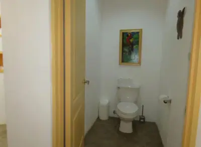 a bathroom with a toilet and a picture on the wall at Dos Palmas1200sqft 1King 1Queen,AC,WiFi,Pool,Gated in Manuel Antonio