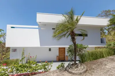 a white house with a palm tree in front of it at La Maison Blanche Nicoya, Pool, Views, and Wildlife in Manuel Antonio