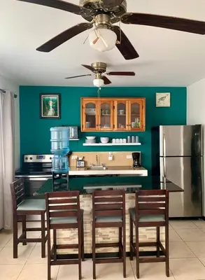 a kitchen with a table with chairs and a refrigerator at Bejuco House in Parrita