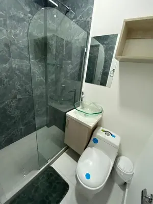 a bathroom with a toilet and a glass shower at Casa Viveo, a modern and spacious house! in San José