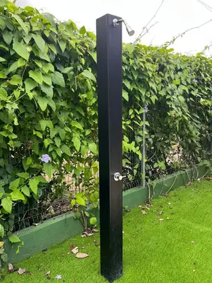 a black pole in the grass in front of a hedge at Casa Flor in Playa Avellana