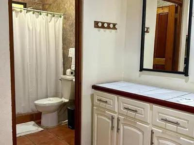 a bathroom with a toilet and a sink and a mirror at Jungle Creek, Casita Colibri, Studio with Big Patio in Quepos