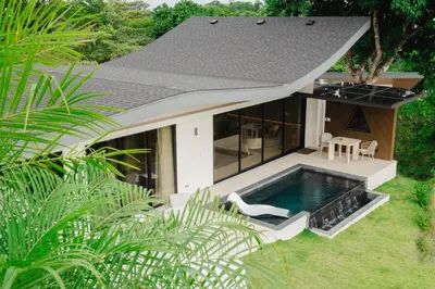 an aerial view of a house with a swimming pool at NEW - 360 Private Oasis - Ocean & Jungle Views in Manuel Antonio