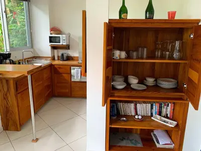 a kitchen with a sink and a shelf with dishes at Tortuga, 1BR Apartment in Villa Mar y Sol, Pool, Big Deck, and Wildlife in Manuel Antonio