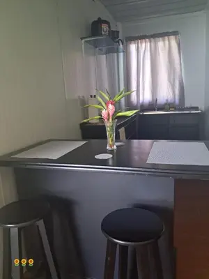 a vase of flowers sitting on a counter with two stools at Apartamentos Modular Bahía Ballena in Bahia