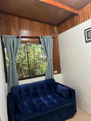 a blue couch in a room with a window at Peaceful Jungle Home, River Access, Arenal Views in El Castillo de La Fortuna