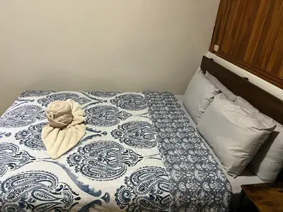 a bed with a blue and white quilt with a flower on it at Peaceful Jungle Home, River Access, Arenal Views in El Castillo de La Fortuna