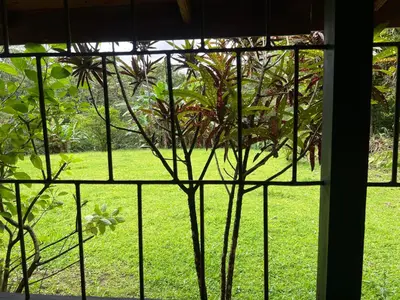 a window with a view of a field of grass at Peaceful Jungle Home, River Access, Arenal Views in El Castillo de La Fortuna