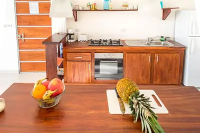 a kitchen with a bowl of fruit on a table at Lapa Roja, 2BR Ocean View Apartment in Villa Mar y Sol, Nature in Manuel Antonio