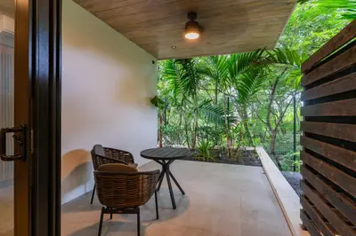 a patio with a table and chairs and trees at NEW Modern 6BR, Pool, Walk 2 Beach, Sleeps 20 in Playa Guiones