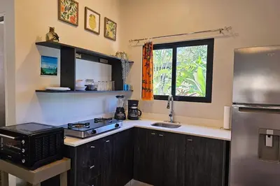 a kitchen with a stove and a sink and a refrigerator at Casa Cosmo Samara in Sámara