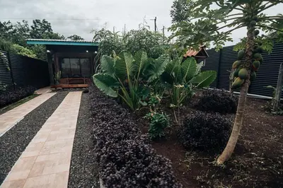 a garden with plants and a house with a porch at El Carpintero Guest House in Fortuna