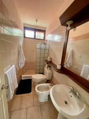 a bathroom with a toilet and a sink at Beachfront apartment in Jacó in Tapantí
