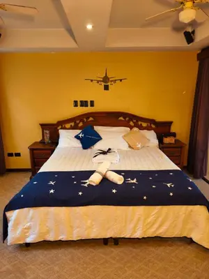 a bedroom with a large bed with a plane on the wall at Hotel Mirador Mayday Mountain View in Alajuela City