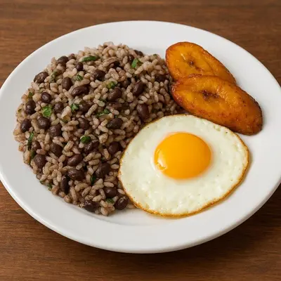 a plate of food with beans and an egg and a fry at Casona de Pani habitacion#2 in Liberia