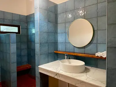 a bathroom with a sink and a mirror at Rio Lindo Hotel in Dominical