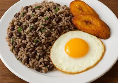 a plate of food with beans and an egg and a fry at Casona de Pani habitacion#3 in Liberia
