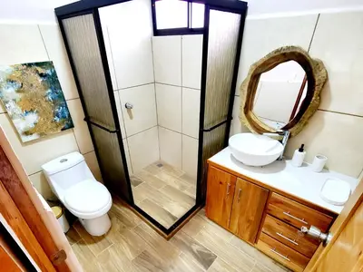 a bathroom with a toilet and a sink and a mirror at Nature Observatory Studio with Private Pool in Chachagua