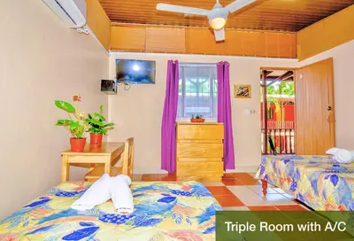 a bedroom with two beds and a table and a window at Blue Iguana in Sámara