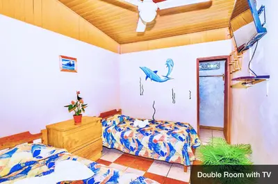 a bedroom with two beds and a dolphin mural on the wall at Blue Iguana in Sámara