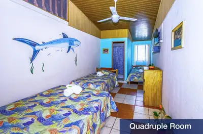 a room with two beds and a painting of a fish on the wall at Blue Iguana in Sámara