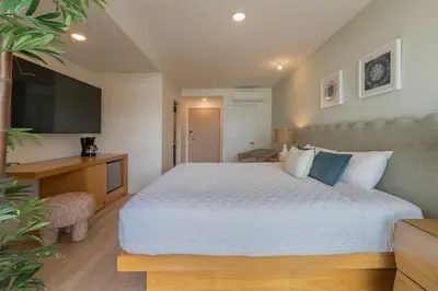 a bedroom with a large bed and a television at Stunning Beachfront 1BR Suite with Ocean View in Jacó