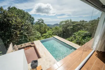 a swimming pool with a view of the forest at Villa Ocean Jungle View Infinity Pool Near Samara in Carrillo
