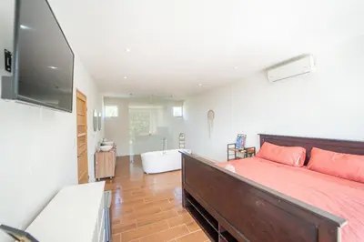 a bedroom with a bed and a tub and a television at Villa Ocean Jungle View Infinity Pool Near Samara in Carrillo