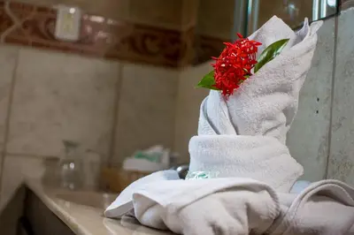 a towel with a red flower on top of a sink at Pacific Paradise Resort in Quepos
