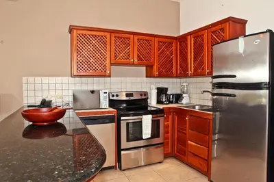 a kitchen with stainless steel appliances and wooden cabinets at Bahia Azul 3A in Jacó