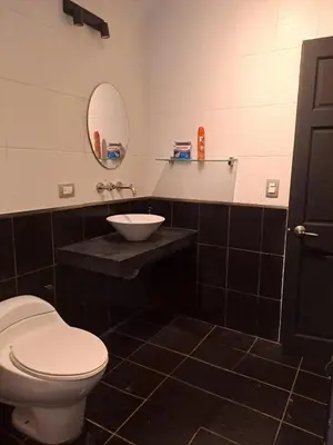 a bathroom with a toilet and a sink and a mirror at Costa Verde Retreat 1 - Ground Floor in Quepos