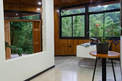 a home office with a potted plant on a table at Casa Coyota Hotel in Monteverde Costa Rica
