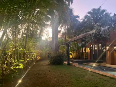 a house with a swimming pool and palm trees at Casa Clancy in Tamarindo