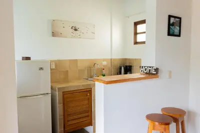 a small kitchen with a white refrigerator and wooden cabinets at Tortuga HBH in Playa Hermosa
