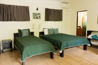 two beds with green covers in a room at Tortuga HBH in Playa Hermosa