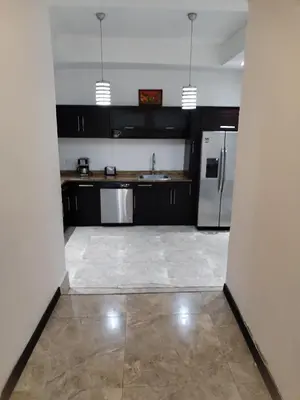 a kitchen with black cabinets and a stainless steel refrigerator at Casa en San José de la Montaña in Heredia