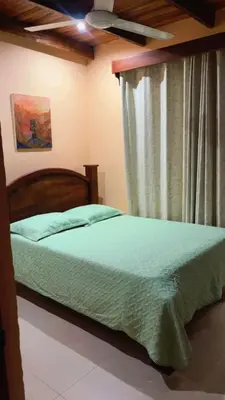 a bedroom with a bed with green sheets and a window at Green Shelter in Quepos
